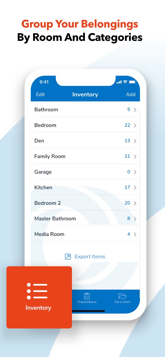 Home inventory app screenshot that says group your belongings by room or category