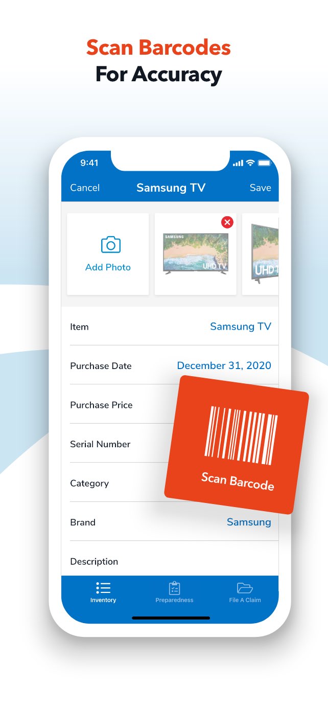 Home inventory app screenshot that says you can scan barcodes