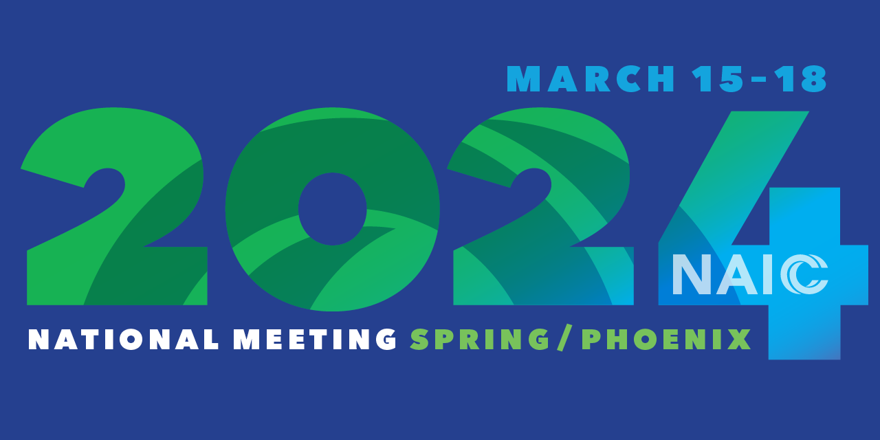 NAIC Hybrid 2024 Spring National Meeting Banner.  Green and blue 2024 on a blue background.