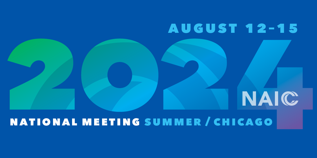 Multi-colored 2024 on a blue background advertising the NAIC's 2024 hybrid Summer National Meeting in Chicago, Illinois.  The meeting takes place Aug. 12-15.