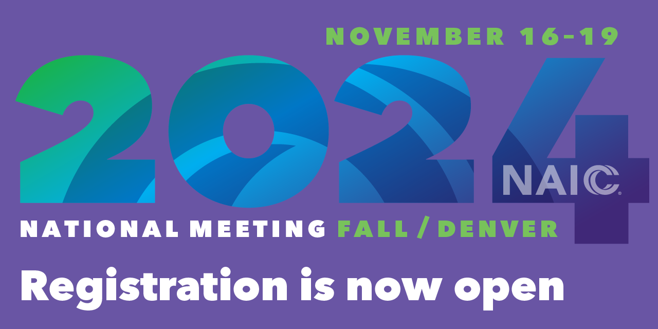 Blue and green 2024 on a purple background for the announcement that the NAIC has opened registration for its 2024 Fall National Meeting in Denver, CO, taking place Nov. 16–19