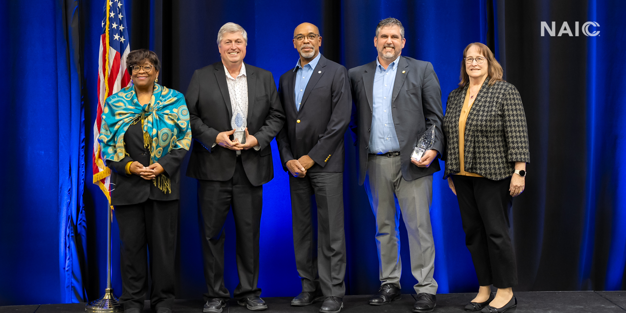 (L-R: Missouri Department of Commerce and Insurance [DCI] Director Chlora Lindley-Myers, Missouri DCI Company Regulation Division Director John Rehagen [2024 NAIC Robert Dineen Award recipient], NAIC President and Connecticut Insurance Commissioner Andrew N. Mais, Rhode Island Department of Business Regulation [DBR] General Counsel & Chief of Regulatory Compliance Matt Gendron, Esq. [2024 NAIC Robert Dineen Award recipient], and Rhode Island DBR Director Elizabeth Kelleher Dwyer)  