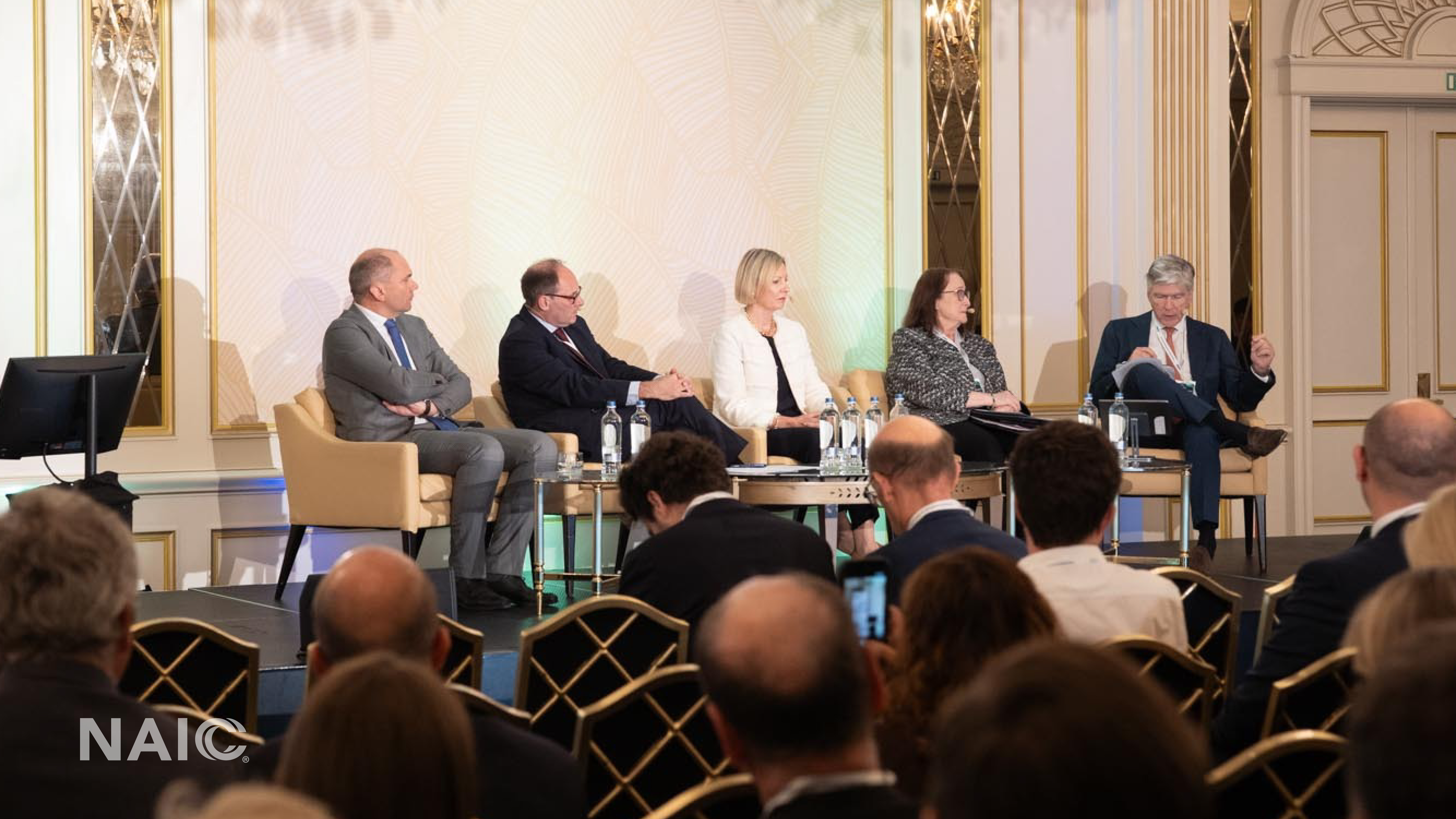 A moderator and four panelists, including Rhode Island Department of Business Regulation Director and NAIC President-Elect Elizabeth Kelleher Dwyer, discuss “Europe on the Global Stage: Influence or Irrelevance?” at Insurance Europe's 16th International Conference in Brussels, Belgium, on May 28, 2026.