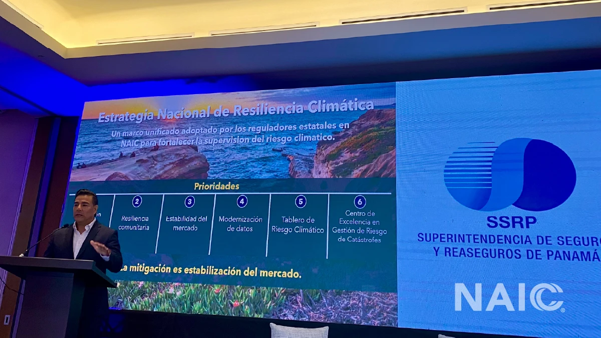 California Insurance Commissioner Ricardo Lara presents on the NAIC's National Climate Resilience Strategy for Insurance at the Insurance Sector Supervision Forum in Panama City, Panama. 