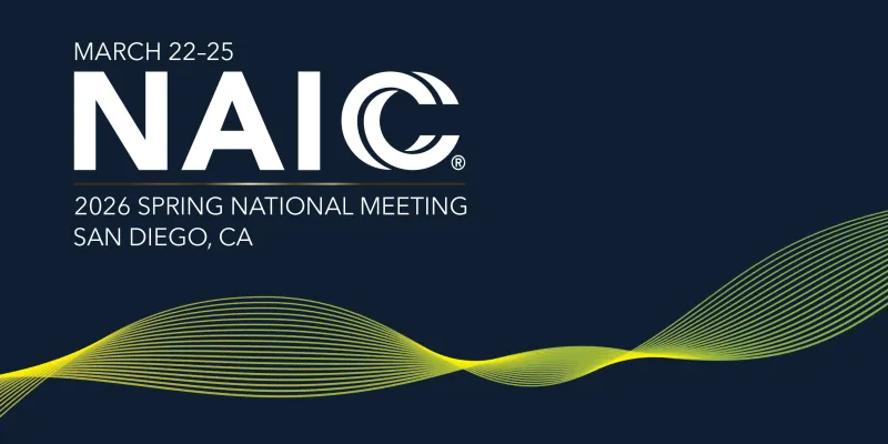 White NAIC logo and a yellow ribbon across a dark blue background. Promoting the 2026 NAIC Spring National Meeting in San Diego, California.