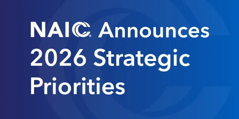 White "NAIC Announces 2026 Strategic Priorities" wording on a blue background, with a large "C" under the wording.