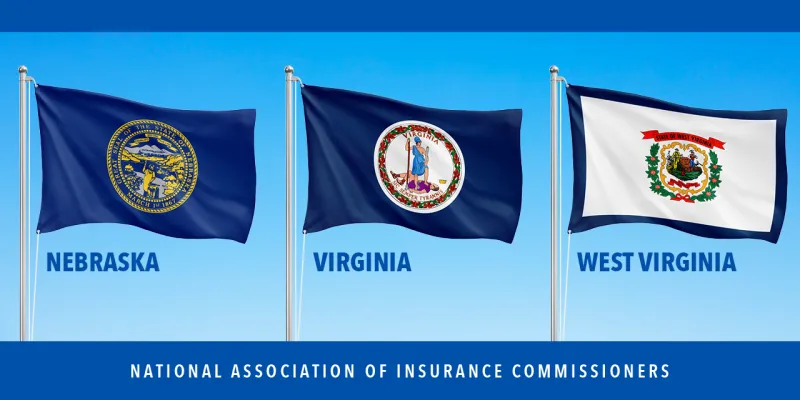 Nebraska, Virginia, and West Virginia state flags