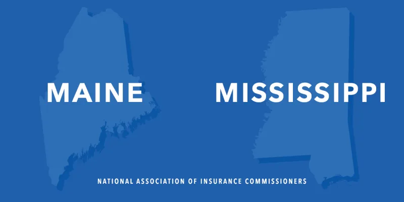 State outlines of Maine and Mississippi on a blue background, with white state name labels.