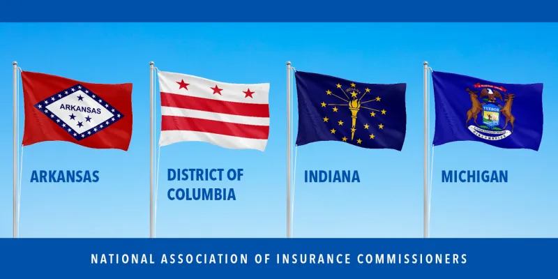 Flags of Arkansas, the District of Columbia, Indiana, and Michigan