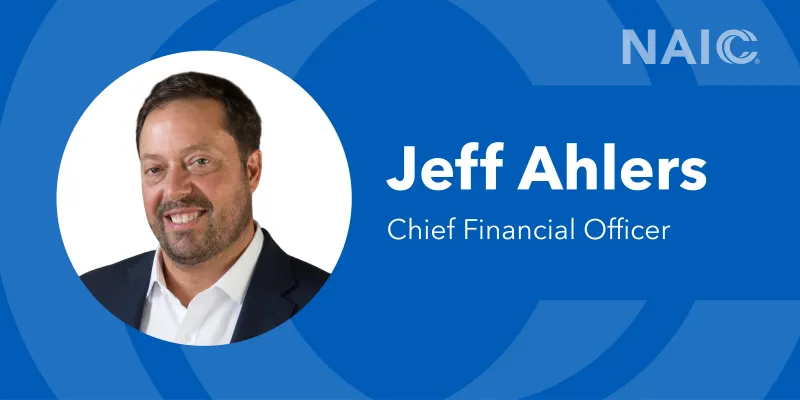 Circle picture of new NAIC CFO Jeff Ahlers on the left side, with his name and title on the right.