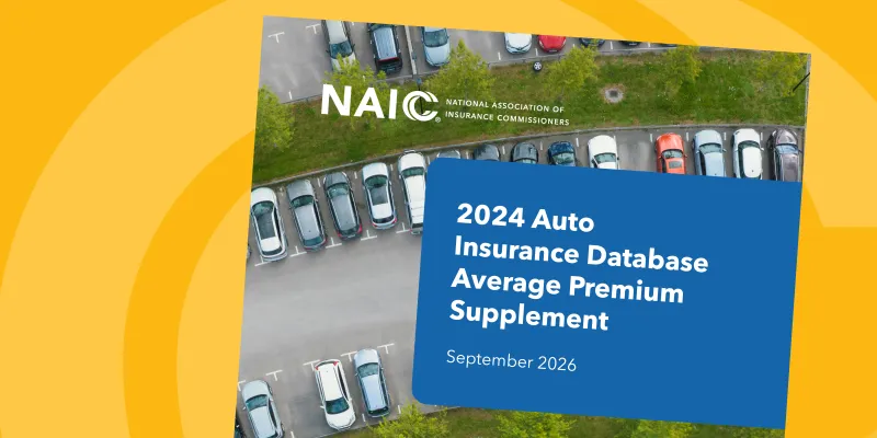 Aerial shot of cars in a parking lot on the report cover for the NAIC's "2024 Auto Insurance Database Average Premium Supplement."  Yellow background surrounds the cover.