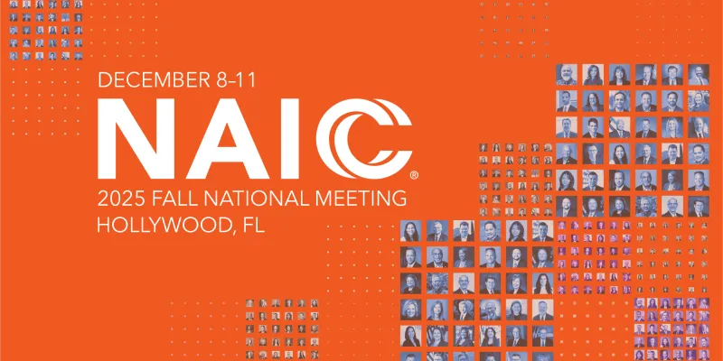 Pictures of state insurance commissioners on an orange background, with a white NAIC logo. Image promotes the NAIC's 2025 Fall National Meeting in Hollywood, Fl., on Dec. 8–11.