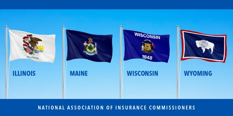 Flags of Illinois, Maine, Wisconsin, and Wyoming