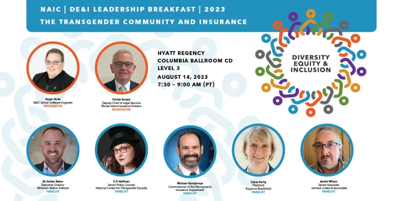 August 2023 DE&I Breakfast Panelists from Left to Right: Steph Hicks (MODERATOR), Patrick Smock (MODERATOR), Dr. Kellan Baker (PANELIST), C.P. Hoffman (PANELIST), Michael Humphreys (PANELIST), Claire Verity (PANELIST), Andre Wilson (PANELIST).