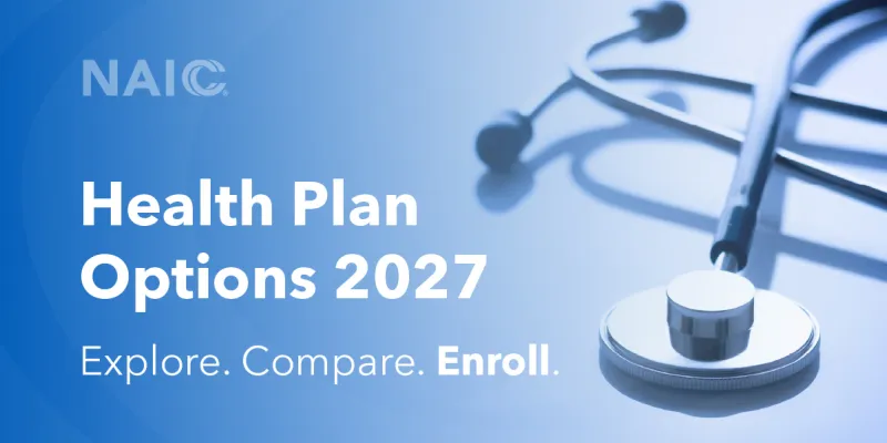 On a blue background, there is a stethoscope. In white letters, the image reads, "Health Plan Options 2027 explore, compare, enroll.