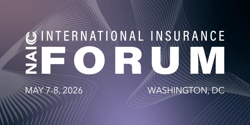 Purple and white banner advertising the 2026 NAIC International Insurance Forum, taking place May 7–8 in Washington, D.C.