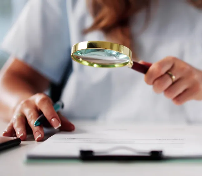 Woman looking at paperwork with magnifying glass