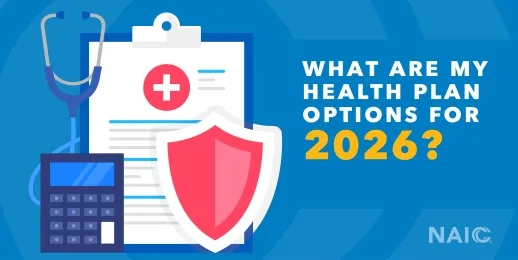 What are my health plan options for 2026? (An image of a medical record, a red shield, a stethoscope, and a calculator are on the left of the image.