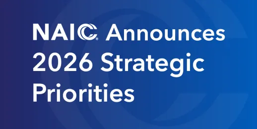 White "NAIC Announces 2026 Strategic Priorities" wording on a blue background, with a large "C" under the wording.