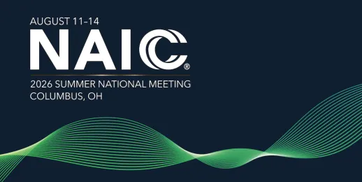 Flowing green ribbon crosses a dark blue background as white text advertises the NAIC's 2026 Summer National Meeting in Columbus, Ohio, which takes places Aug. 11–14.