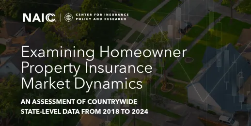 Cover image of the NAIC's "Examining Homeowner Property Insurance Market Dynamics: An Assessment of Countrywide State-Level Data From 2018 to 2024" report, with an aerial view of a neighborhood.