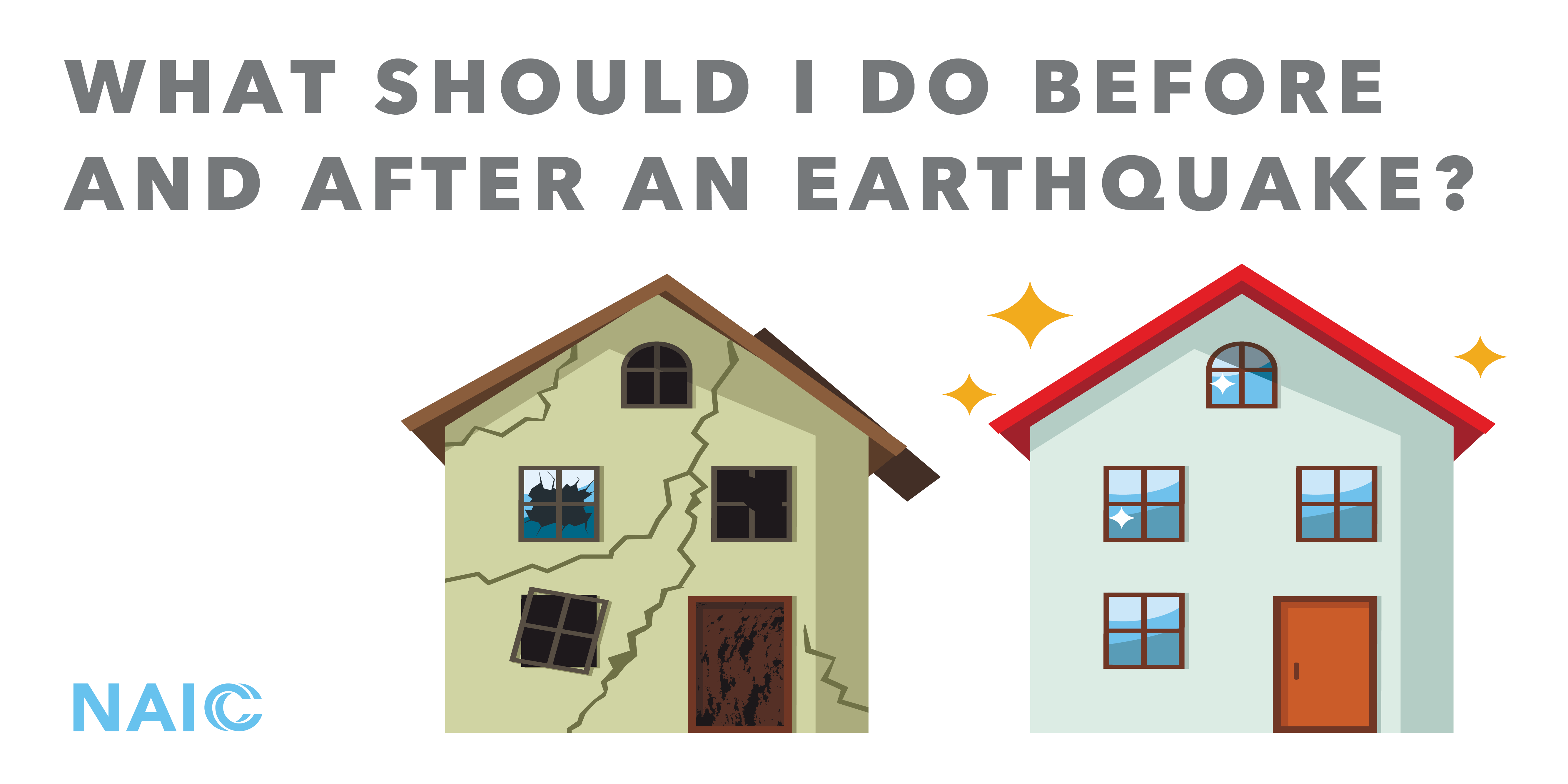 What Should I do Before and After an Earthquake. Two houses next to each other are depicted. One house, on the left, has earthquake damage. The other house, on the right, is undamaged. The NAIC logo is in the bottom left of the image. 